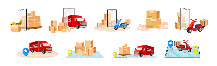 Delivery Logistics and Shipment with Cardboard Box and Transport Vector Set. Order and Parcel Shipping and Distribution