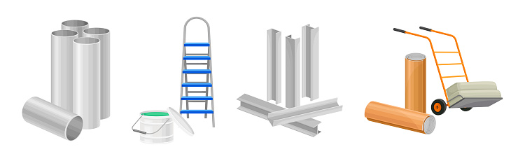 Construction Materials and Equipment with Ladder and Metal Tube Vector Set. Building Industrial Object and Supply