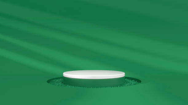 istock Green podium in green room with grass and wall at night - 3D Rendering 2149067354