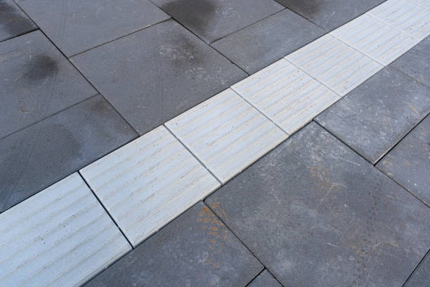 Tactile Paving on Modern Tiles Pathway for Blind Handicap, Safety Sidewalk Walkway for Disability People, Relief Slab Sidewalk, Pathway, Brick Path Road, Granite Tiles Walkway