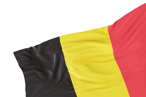 Realistic flag of Belgium with folds, isolated on white background. Footer, corner design element. Cut out. Perfect for patriotic themes or national event promotions. Empty, copy space. 3D render