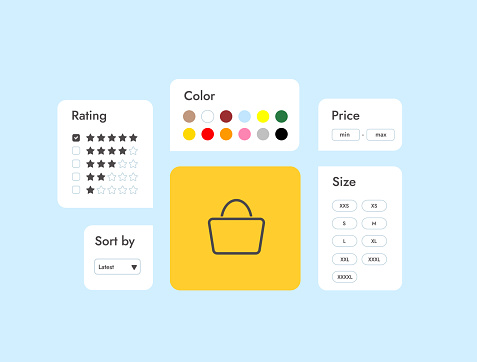 Ecommerce Product Filters - help customers sort offerings by attributes, easing search and boosting sales. Price, rating, color, sizes and other thematic filters in marketplaces and online shops.