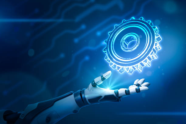 istock Robotic hand with grey gear wheel on neon blue background 2149068248