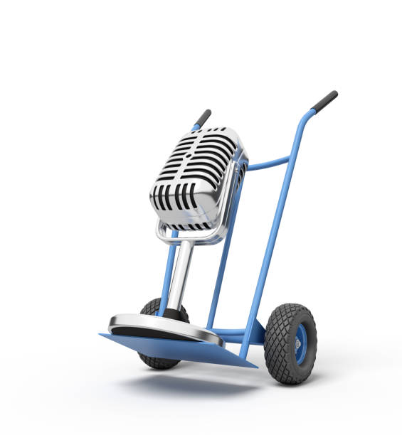 istock 3d rendering of a vintage microphone on a hand truck 2149068276