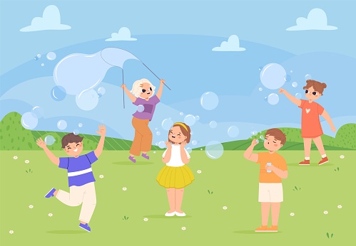 Kids play with bubbles outdoor. Spring summer time in park, happy children together blowing soap bubble. Toddlers fooling, snugly vector scene of spring bubble, illustration of kid play cute