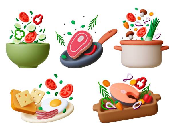 Cooking 3d scenes. Realistic food, kitchenware and pot. Fresh salad, breakfast, dinner and lunch meals. Flying meat, fish and vegetables pithy vector set Cooking 3d scenes. Realistic food, kitchenware and pot. Fresh salad, breakfast, dinner and lunch meals. Flying meat, fish and vegetables pithy vector set of cooking food illustration meat cartoon stock illustrations