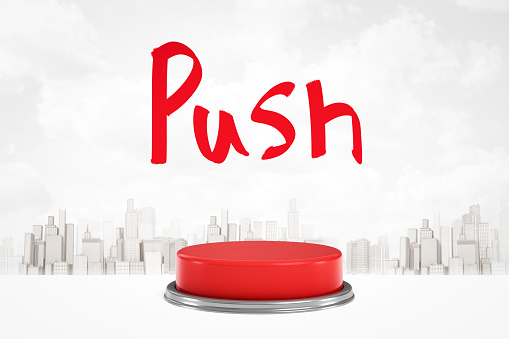 3d rendering of red button on white city skyscrapers background with red \