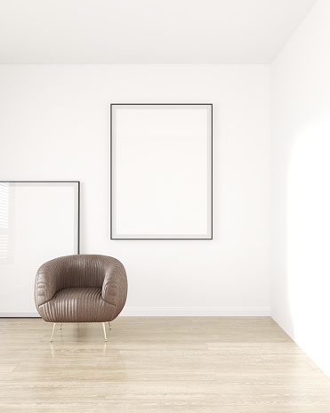 3d render of a room with a brown leather chair and two photo frames mockup on the wall, 3D illustration.
