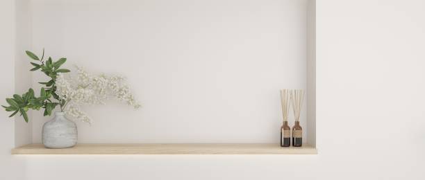 A minimal shelf with a plant and two bottles on it, 3D illustration.