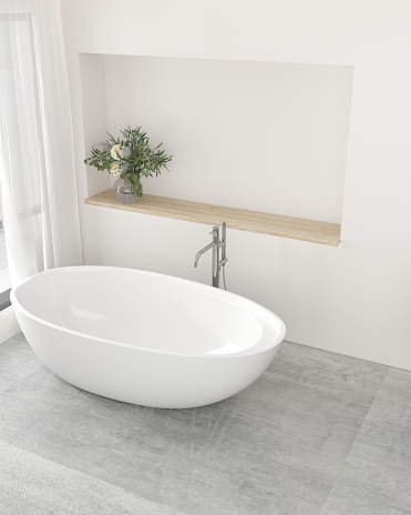A freestanding bathtub sits in a modern bathroom with a large window and a wooden shelf with a vase of flowers, 3D illustration.