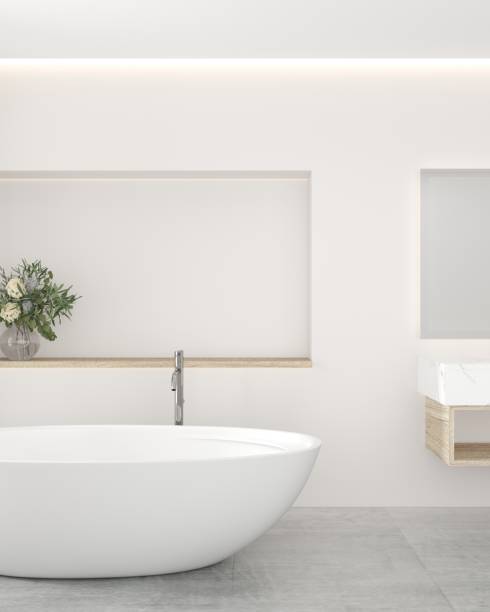 istock A simple and elegant bathroom with a large bathtub, 3D illustration. 2149068418