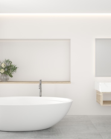 A simple and elegant bathroom with a large bathtub, 3D illustration.