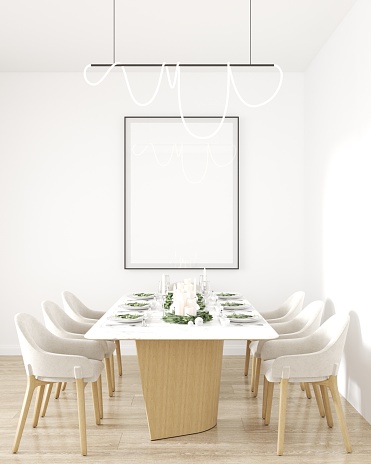 Interior of a modern dining room with a wooden table, chairs, and a large photo frame mockup on the wall, 3D illustration.