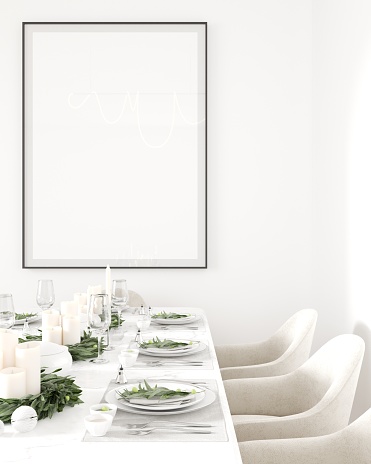 Interior of a modern dining room with a wooden table, chairs, and a large empty photo frame mockup on the wall, 3D illustration.