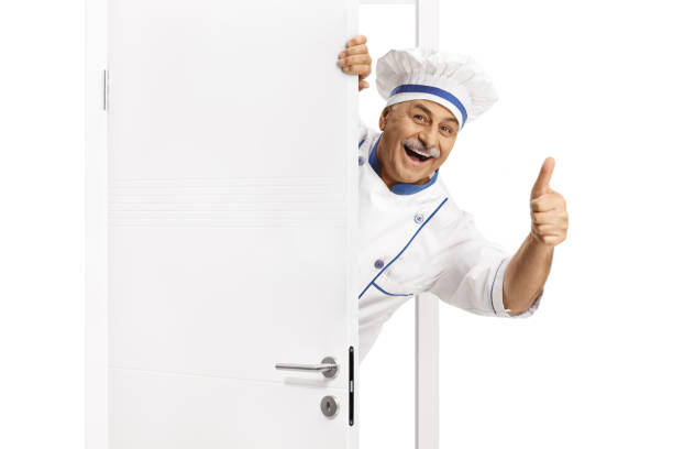 Collage picture of positive professional cooker man in painted hat closed eyes holding saucepan smells scent over beige color background.