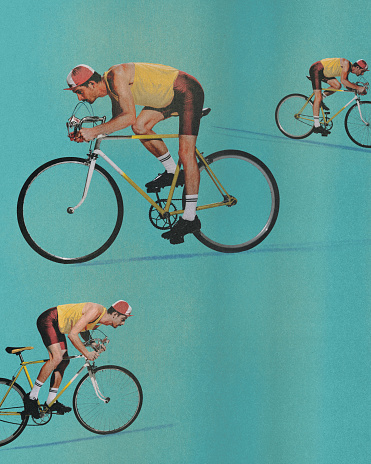 Poster. Contemporary art collage. Young man, sportsman fast riding a bike to be first at finish. Movement. Concept of sport, active and healthy lifestyle, tournament. Retro effect, art style.