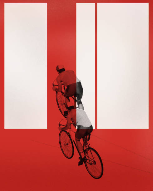 Poster. Contemporary art collage. Cyclist in motion, segmented by bold red and white vertical stripes. Retro effect, art style.