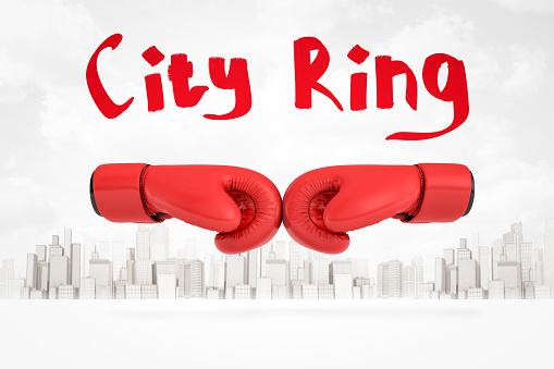 3d rendering of two red boxing gloves opposite each other with title \