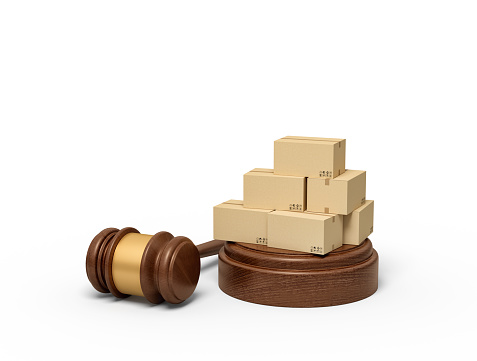 3d rendering of pile of cardboard boxes on sounding block with gavel lying beside. Shipping law. Cargo claim. Auction bidding.