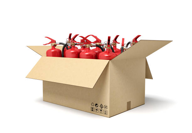 3d rendering of cardboard box full of red fire extinguishers. Fire safety. Fire safety equipment. Well-equipped and ready.
