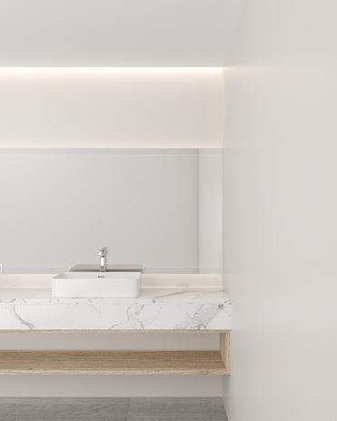 Bathroom with white marble sink and wooden shelf, 3D illustration.