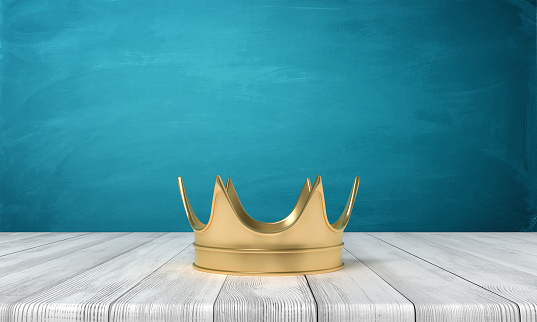 3d rendering of golden crown on white wooden floor and dark turquoise background. Objects and materials. Fame and glory. Digital art.