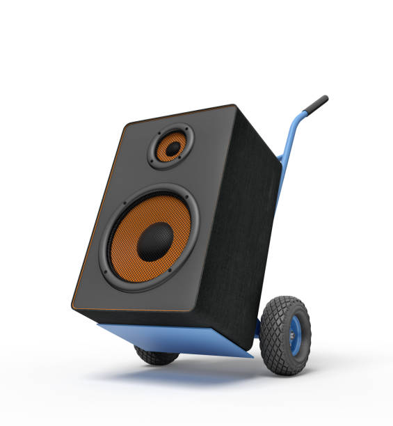 3d rendering of black audio loudspeaker on a hand truck on blue background - commercial land vehicle audio foto e immagini stock