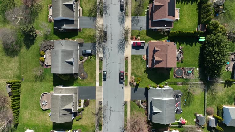 Quaint american neighborhood with homes and swimming pool in garden. Straight street in suburbia of USA. Aerial birds eye top down.