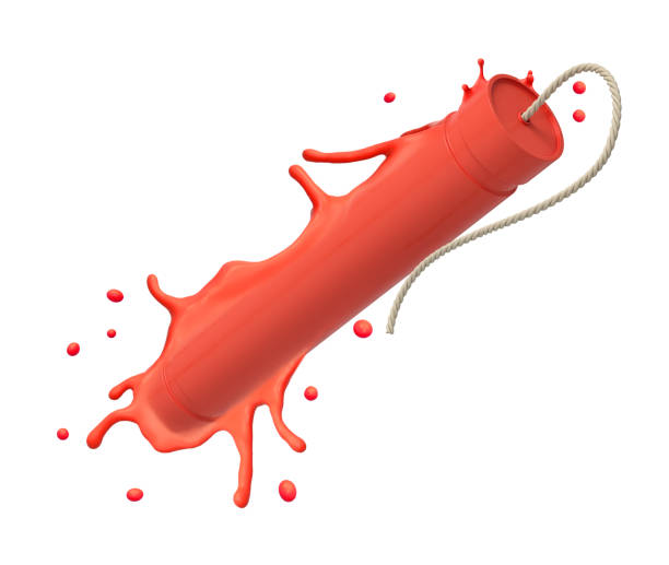3d rendering of red TNT dynamite stick melting isolated on white background. Digital art. Vector illustration. Explosive materials.