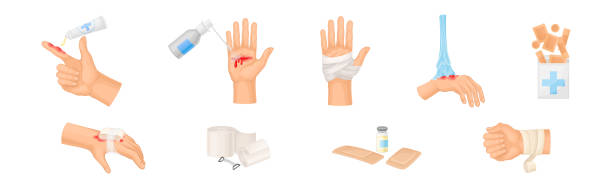 Hands with Injured Skin and Wound First Aid Vector Set Hands with Injured Skin and Wound First Aid Vector Set. Human Limb Emergency Help and Treatment bandage arm stock illustrations
