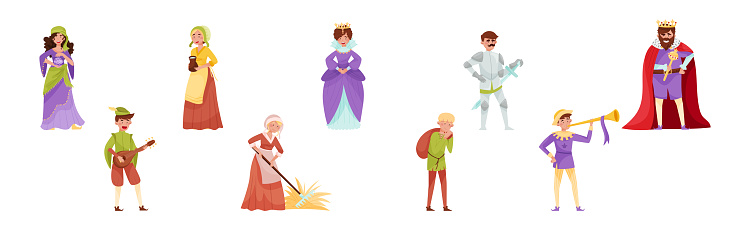 Medieval People Characters from European Middle Ages Period Vector Set. Man and Woman from Past Historical Time