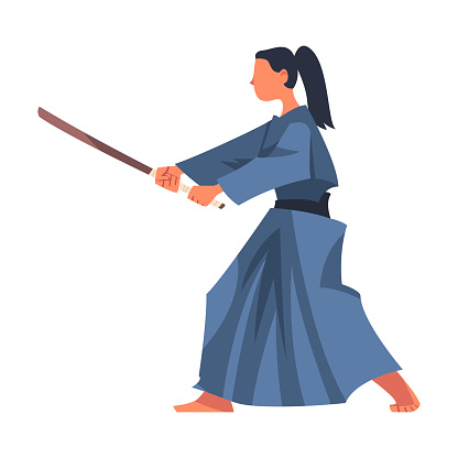 Woman Engaged in Wushu or Kung fu with Stick as Martial Arts Vector Illustration. Young Female Practice Combat Sport
