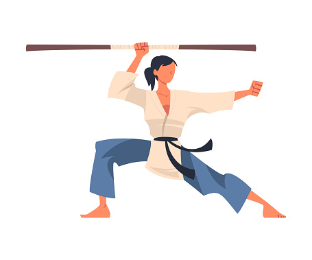 Woman Engaged in Wushu or Kung fu with Stick as Martial Arts Vector Illustration. Young Female Practice Combat Sport