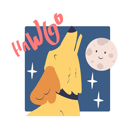 Cute Brown Dog Pet Howl at the Moon Vector Illustration. Funny Furry Doggy Animal