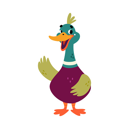 Funny Dabbling Duck Character Stand and Waving Wing Vector Illustration. Mallard as Feathered Waterfowl Bird