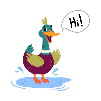 Funny Dabbling Duck Character Greeting Saying Hi Vector Illustration. Mallard as Feathered Waterfowl Bird