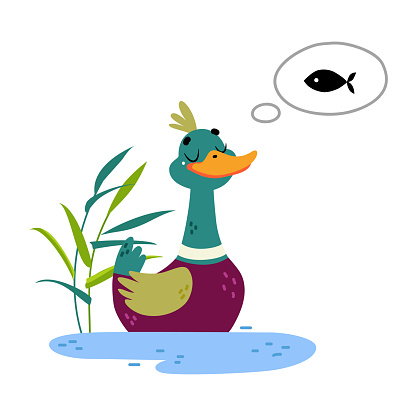 Funny Dabbling Duck Character Swim in Pond Dream of Fish Vector Illustration. Mallard as Feathered Waterfowl Bird