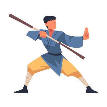 Man Engaged in Wushu or Kung fu with Stick as Martial Arts Vector Illustration. Young Male Practice Combat Sport