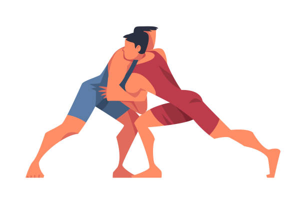 Man Engaged in Wrestling as Martial Arts Vector Illustration Man Engaged in Wrestling as Martial Arts Vector Illustration. Young Male Practice Combat Sport wrestling stock illustrations