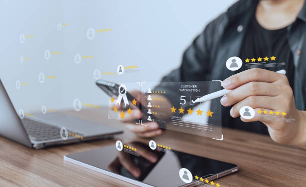 istock Customer review good rating concept, hand pressing user and five star icon on visual screen for positive customer feedback, testimonial and testimony, user comment and feedback for review. 2149069890