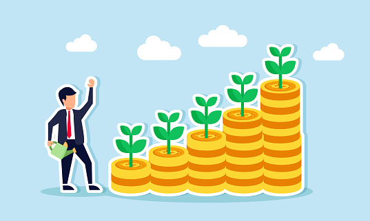 Accumulating wealth, growing investments, mutual funds, compound interest, and pension funds lead to prosperity, concept of Businessman nurtures coin stack for growth