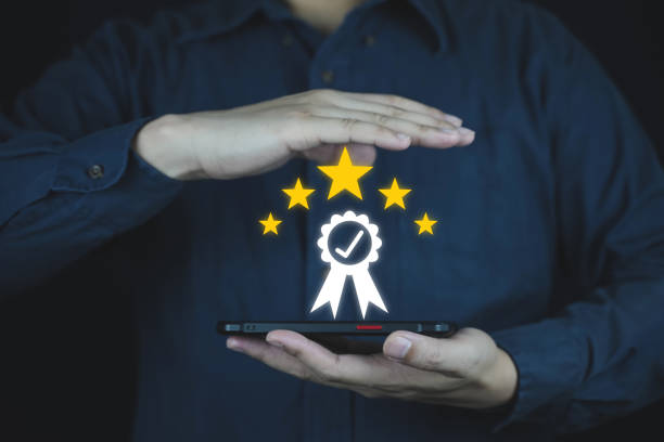 Customer review good rating concept, customer review by five star feedback, positive customer feedback testimonial.