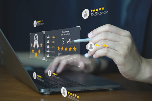 istock Customer review good rating concept, hand pressing user and five star icon on visual screen for positive customer feedback, testimonial and testimony, user comment and feedback for review 2149070156