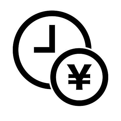 Hourly wage icon. Clock and Japanese yen icon. Editable vector.