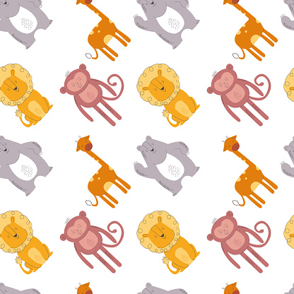 Seamless Pattern featuring adorable cartoon giraffes, lions, and monkeys in a playful, child-friendly design. Trendy Hand Drawn Doodle Sketch Childish