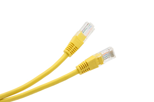 Yellow network cables with molded RJ45 plug on transparent background (PNG File)