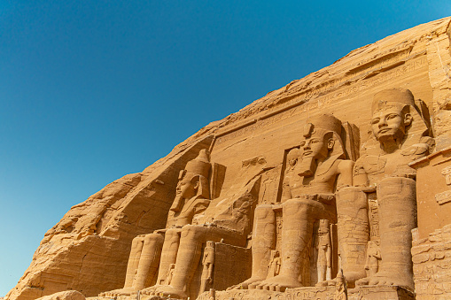 The incredible Abu Simbel Temple rebuilt on the mountain in southern Egypt in Nubia next to Lake Nasser. Temple of Pharaoh Ramses II