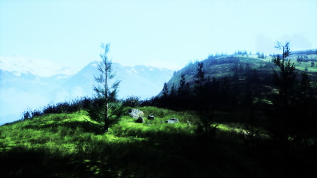Painting of Grassy Hill With Trees and Mountains