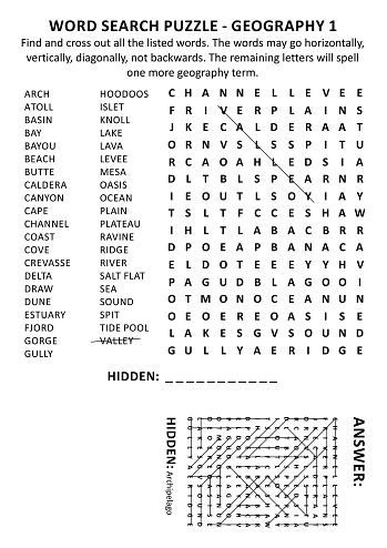 Geography terms (landforms) word search puzzle (suitable both for schoolchildren and adults). Answer included.
