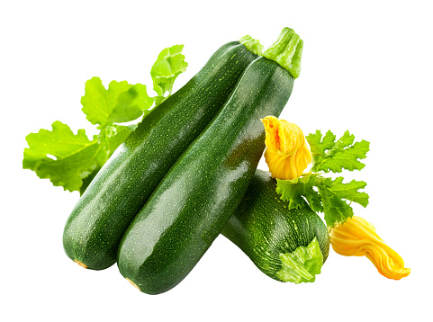 Fresh zucchini vegetables with green leaves and yellow flowers. Organic natural food. Isolated on white background.
